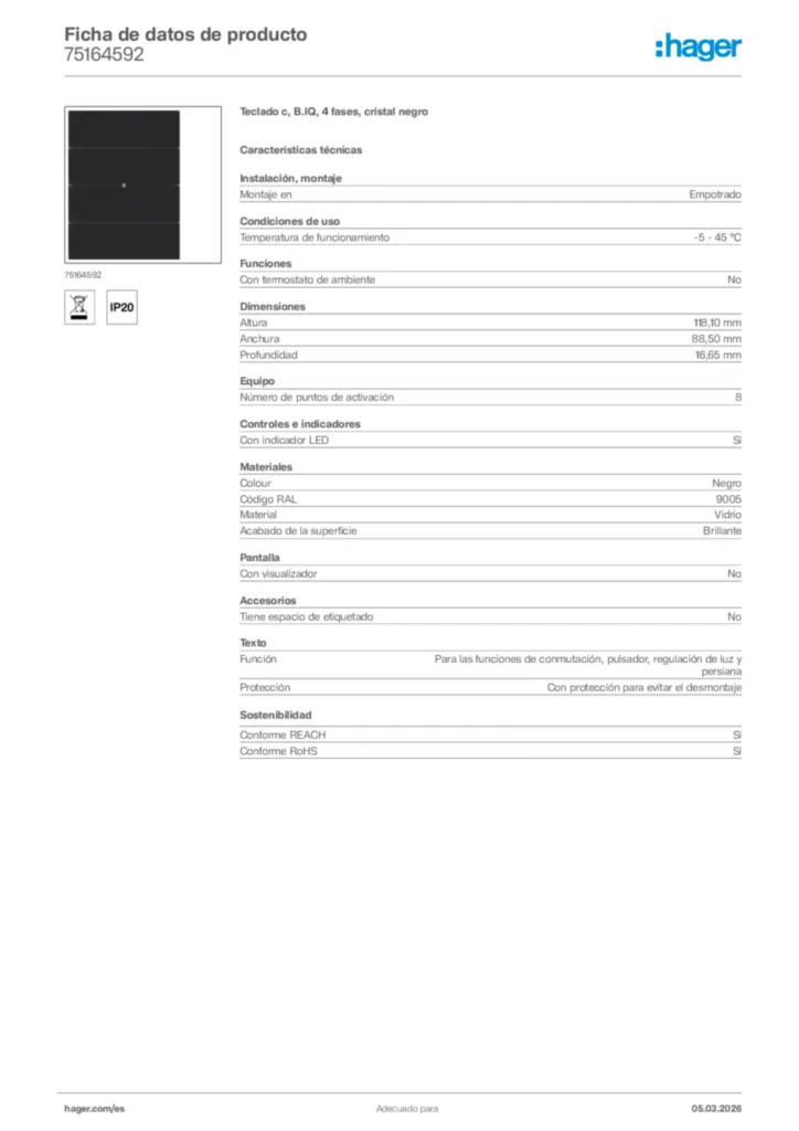 Imagen Hager Ficha de datos de producto 75164592 | Hager España