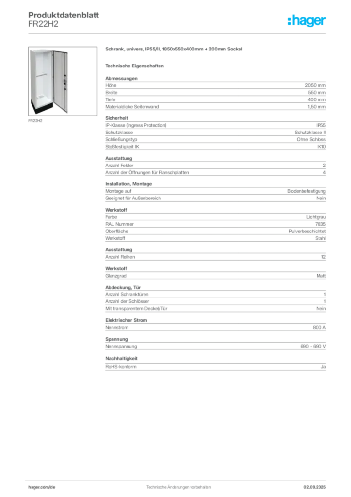Hager Produktdatenblatt FR22H2