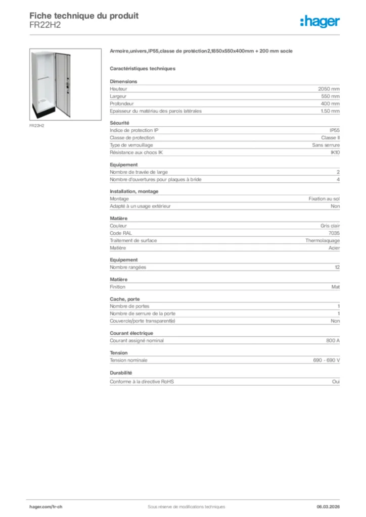 Image Hager Fiche technique du produit FR22H2 | Hager Suisse