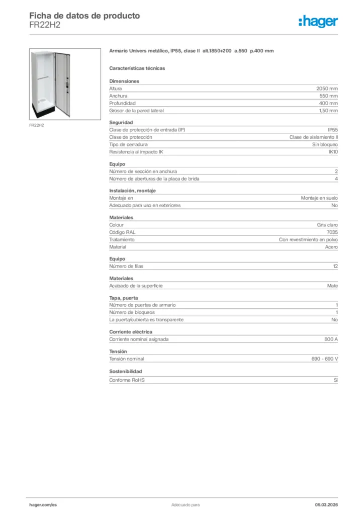 Imagen Hager Ficha de datos de producto FR22H2 | Hager España