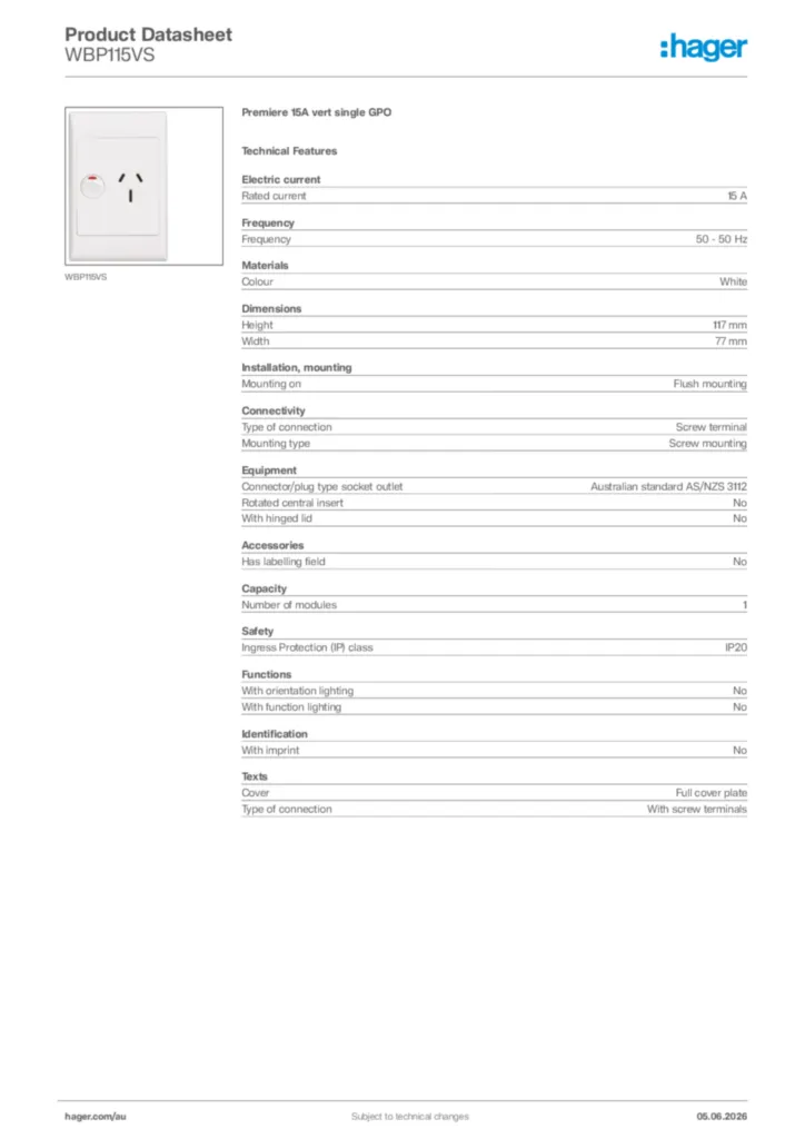 Image Hager Product data sheet WBP115VS  | Hager Australia