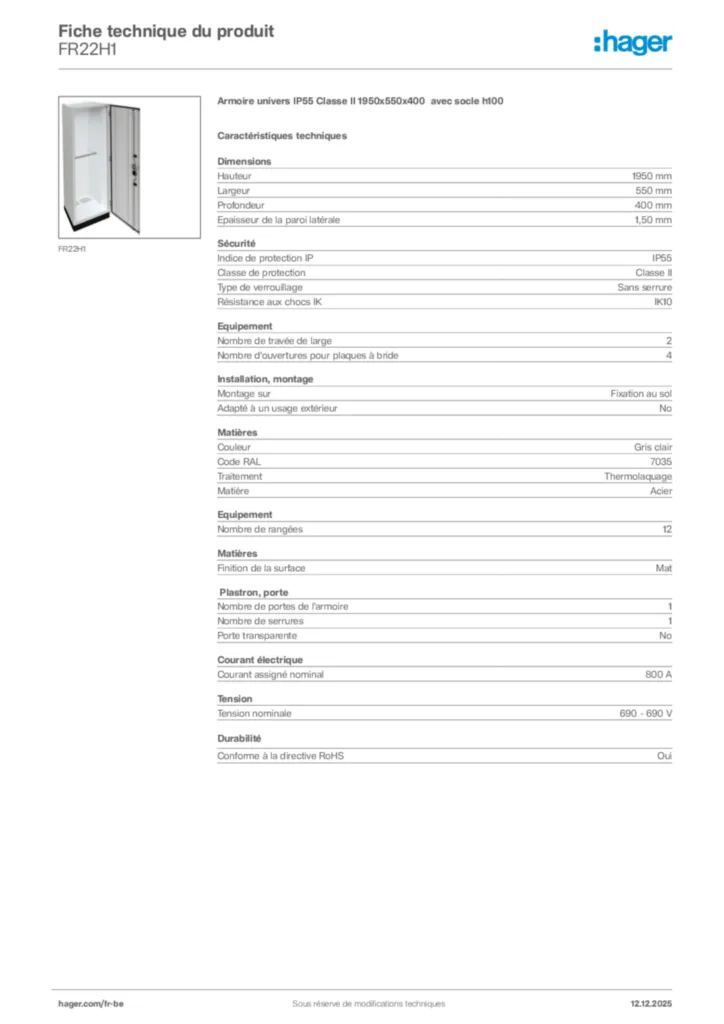 Image Hager Fiche technique du produit FR22H1 | Hager Belgique