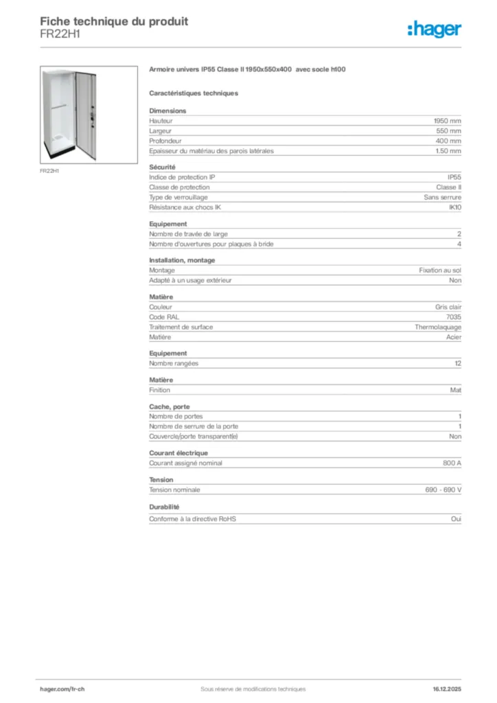 Image Hager Fiche technique du produit FR22H1 | Hager Suisse