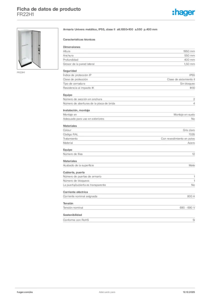 Imagen Hager Ficha de datos de producto FR22H1 | Hager España