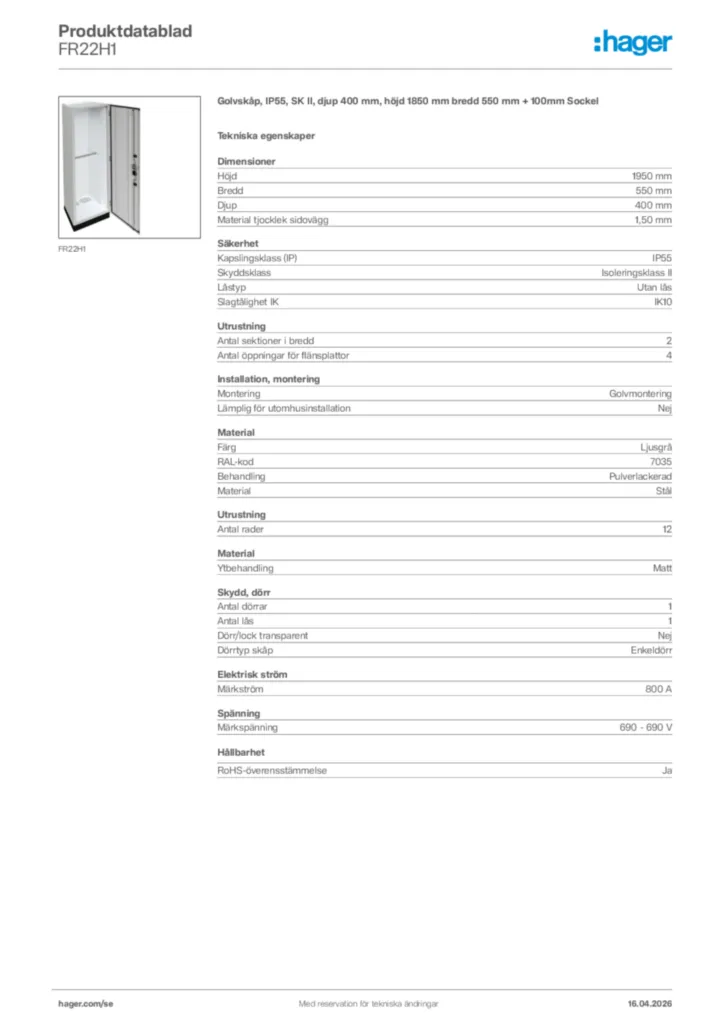 Bild Hager Produktdatablad FR22H1 | Hager Sverige