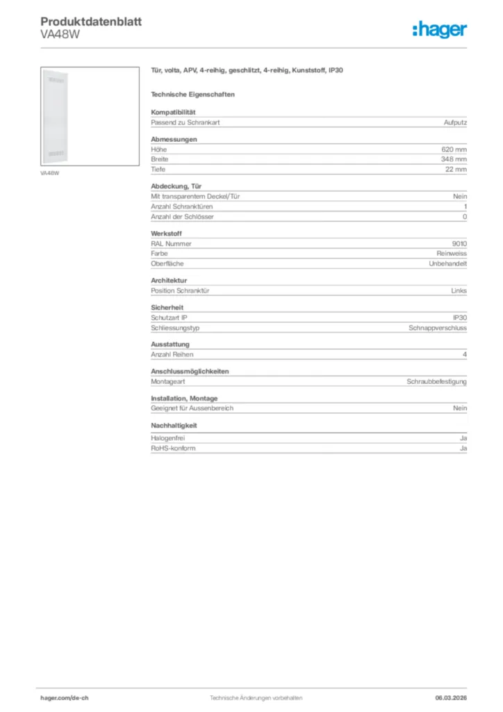 Bild Hager Produktdatenblatt VA48W | Hager Schweiz
