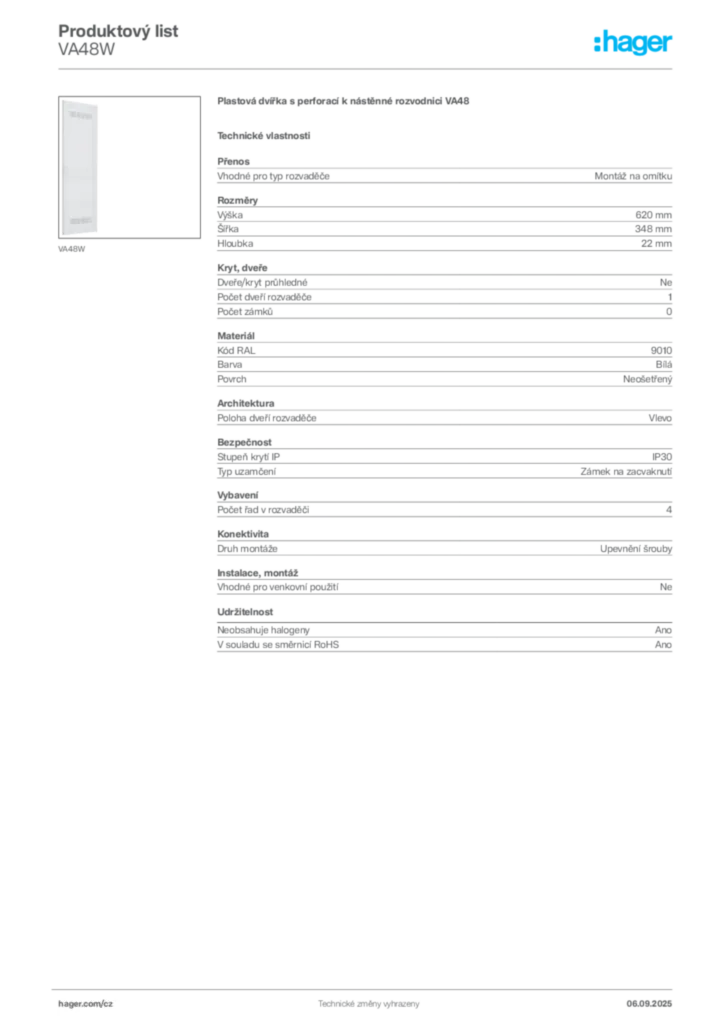 Obrázek Hager Produktový list VA48W | Hager