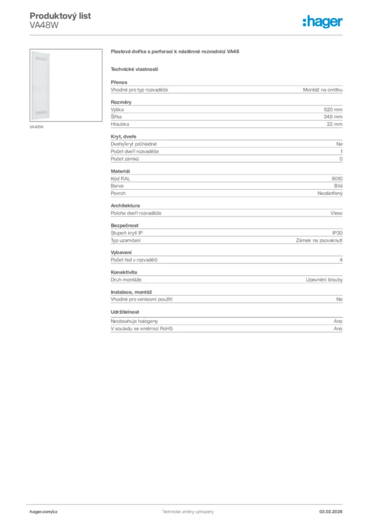 Obrázek Hager Product data sheet VA48W | Hager