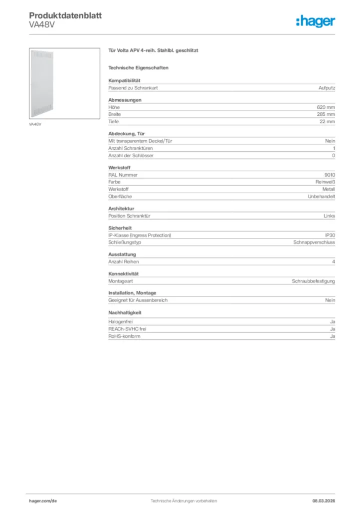 Bild Hager Produktdatenblatt VA48V | Hager Deutschland