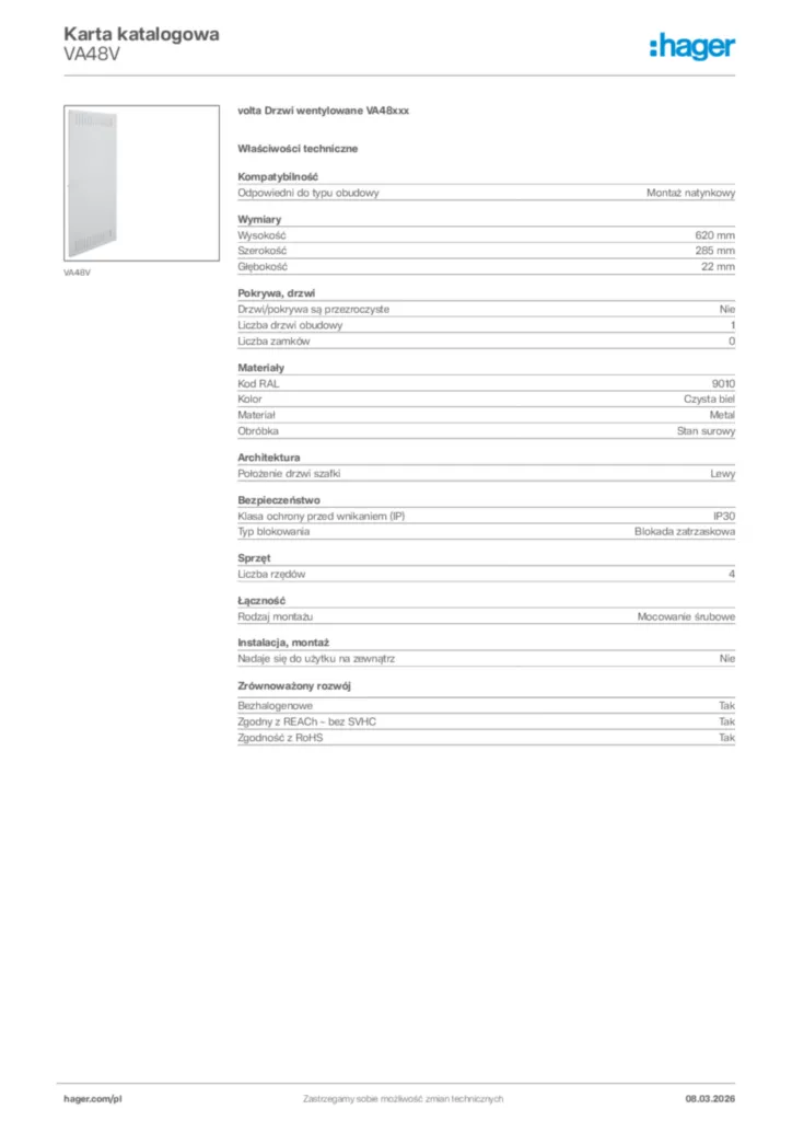 Zdjęcie Hager Karta katalogowa VA48V | Hager Polska