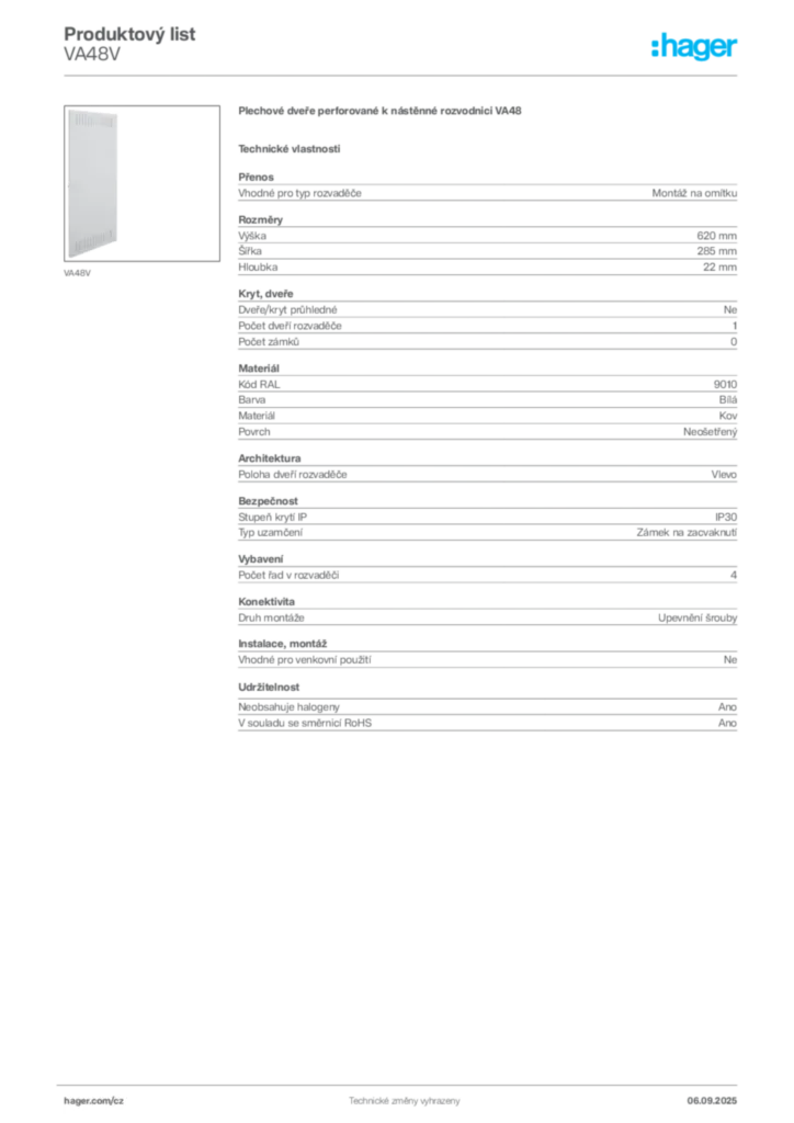 Obrázek Hager Produktový list VA48V | Hager