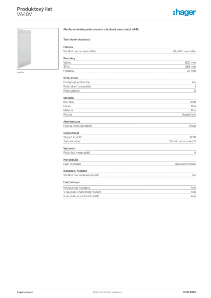 Obrázek Hager Product data sheet VA48V | Hager
