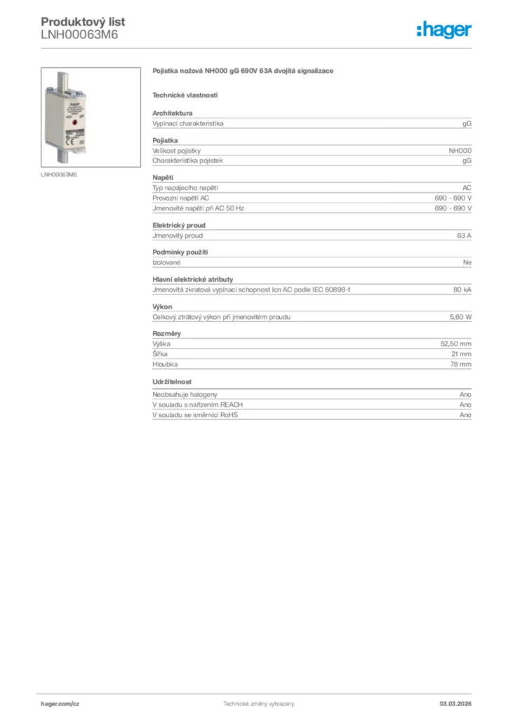 Obrázek Hager Product data sheet LNH00063M6 | Hager