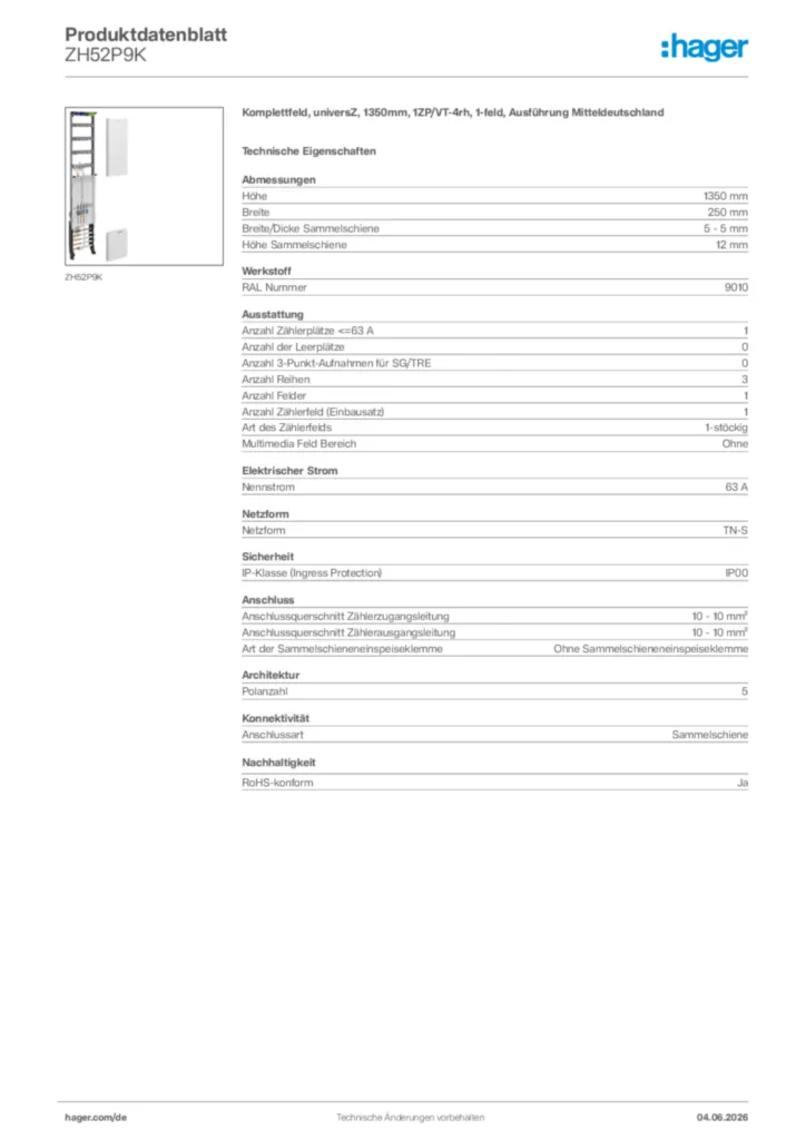 Bild Hager Produktdatenblatt ZH52P9K | Hager Deutschland