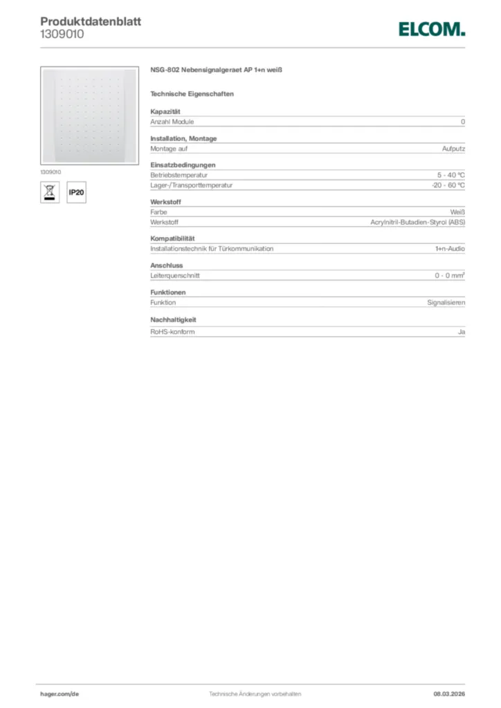 Bild Elcom Produktdatenblatt 1309010 | Hager Deutschland
