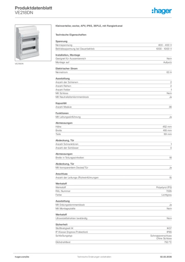Hager Produktdatenblatt VE218DN