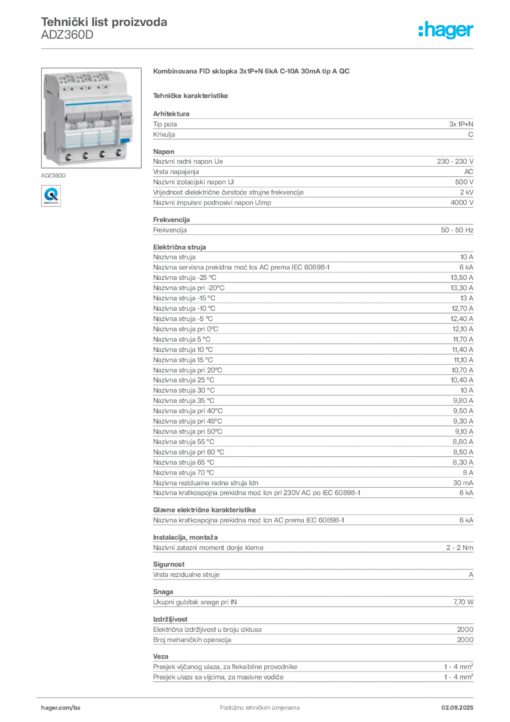 Slika Hager Tehnički list proizvoda ADZ360D  | Hager