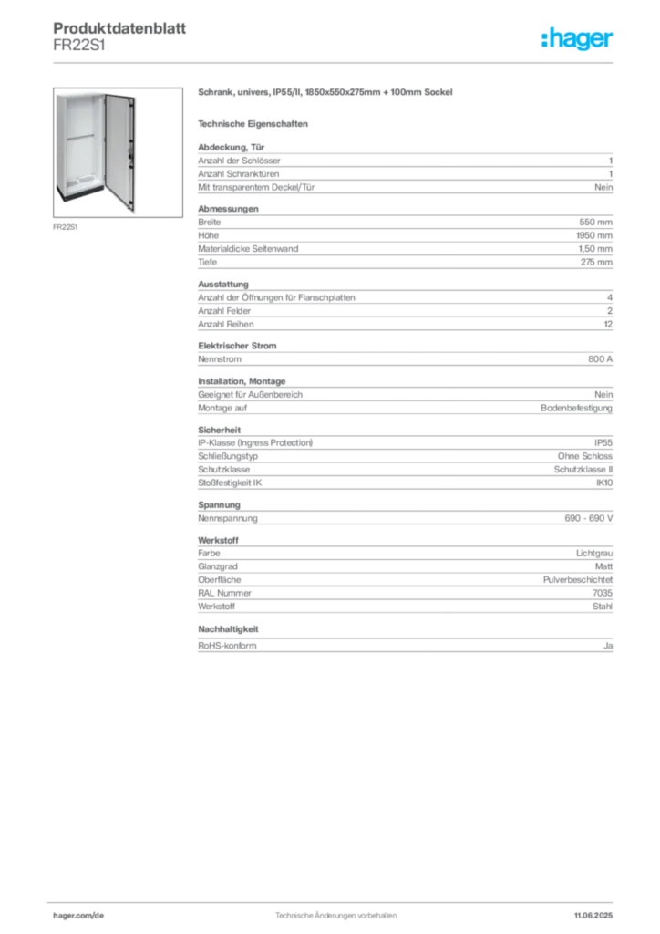 Hager Produktdatenblatt FR22S1