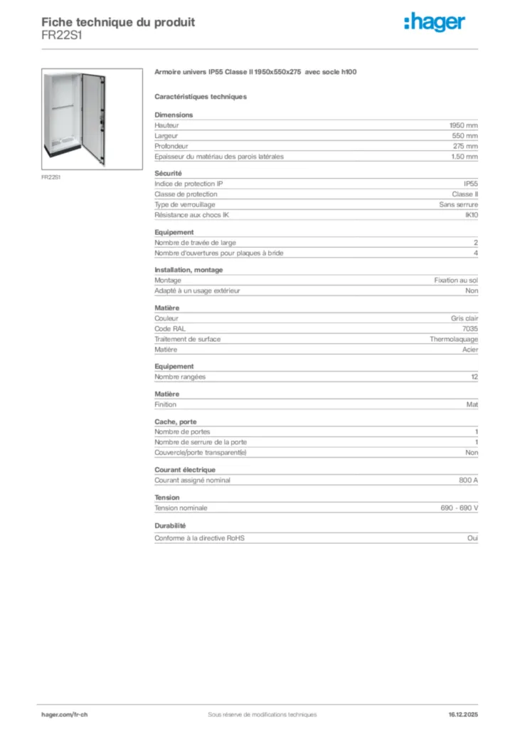 Image Hager Fiche technique du produit FR22S1 | Hager Suisse