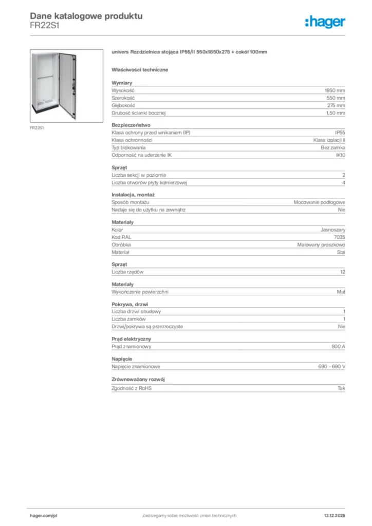 Zdjęcie Hager Karta katalogowa FR22S1 | Hager Polska