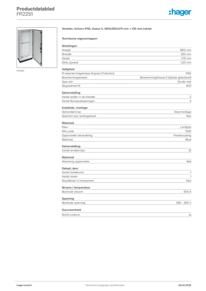 Afbeelding Hager Productdatablad FR22S1 | Hager Nederland