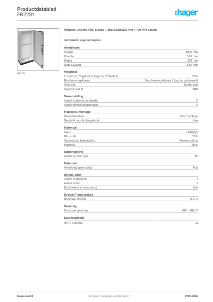 Afbeelding Hager Productdatablad FR22S1 | Hager Nederland