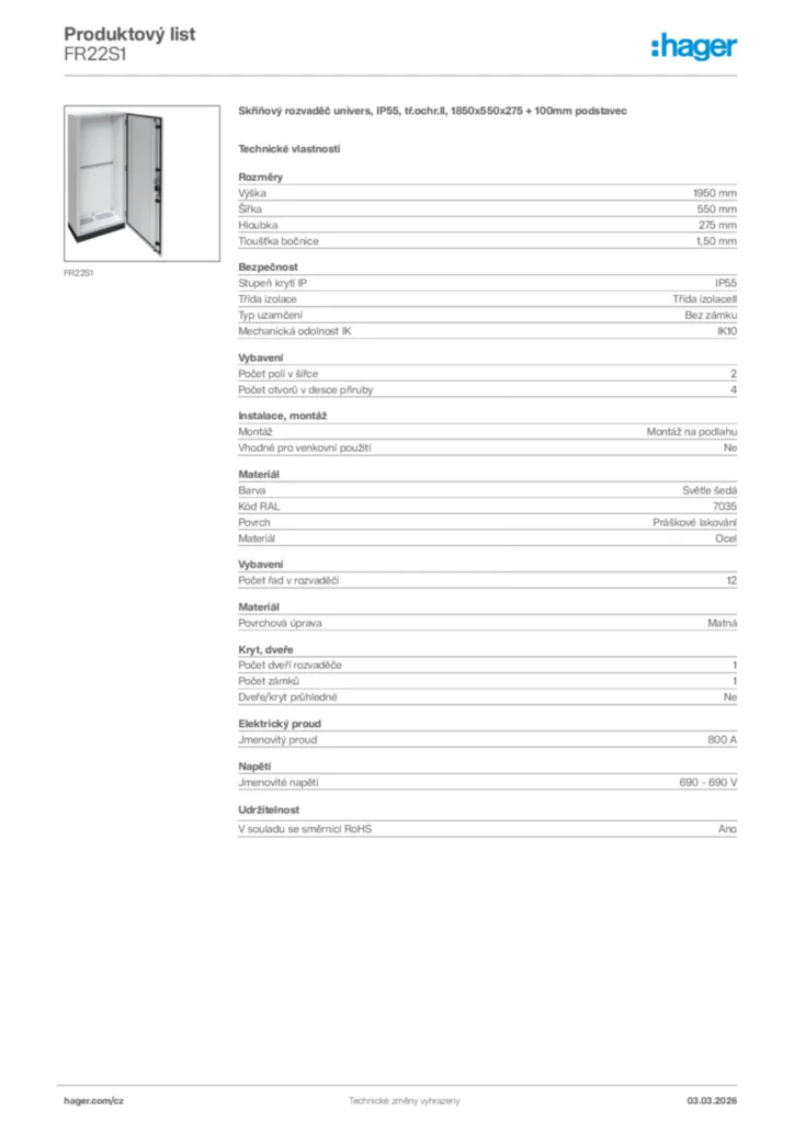 Obrázek Hager Product data sheet FR22S1 | Hager