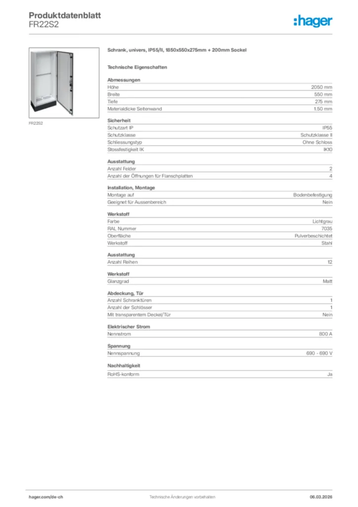 Bild Hager Produktdatenblatt FR22S2 | Hager Schweiz