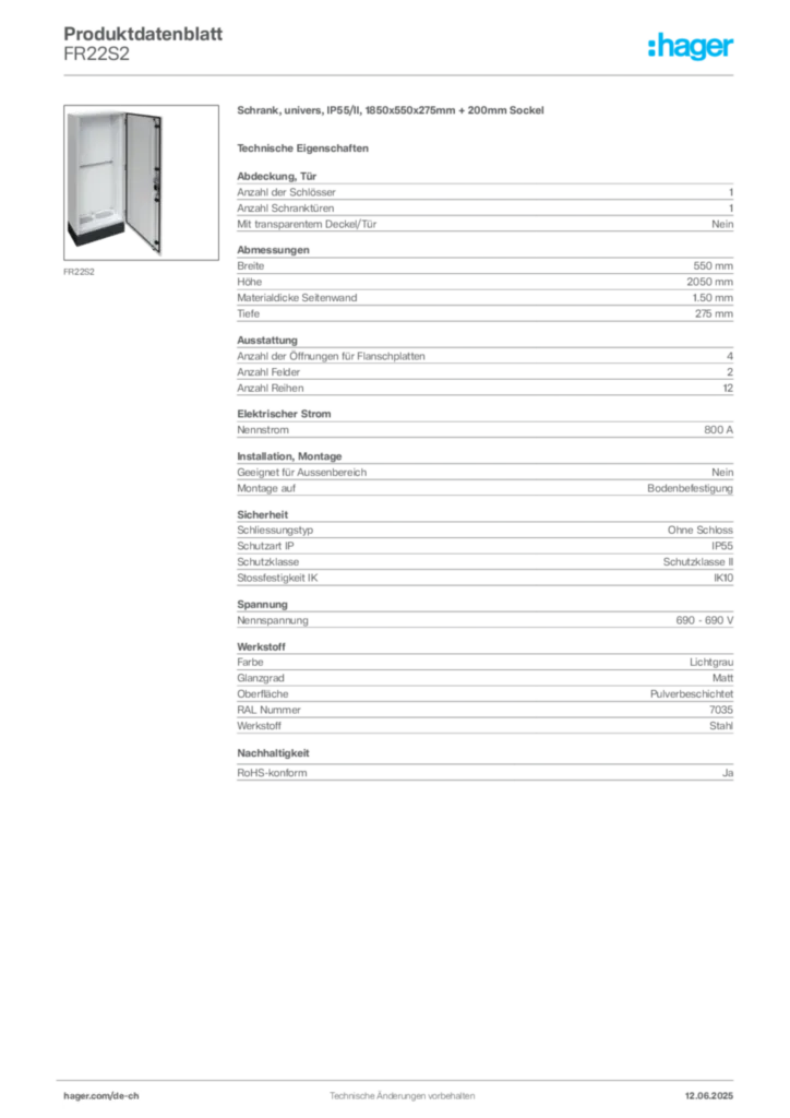 Bild Hager Produktdatenblatt FR22S2 | Hager Schweiz