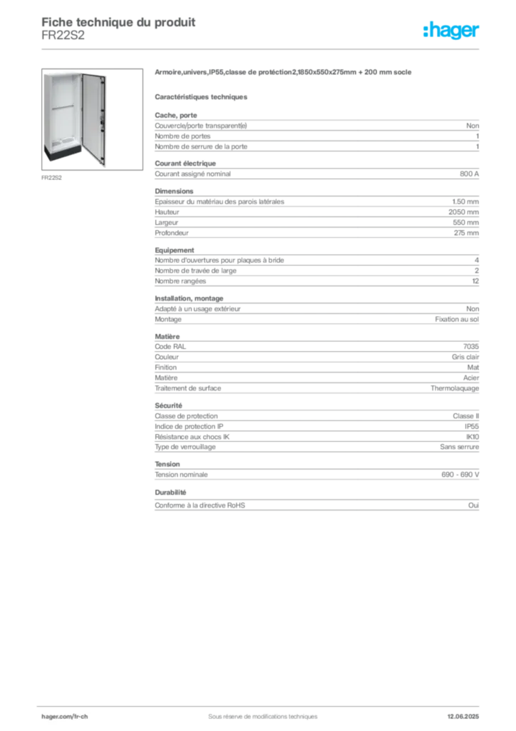 Image Hager Fiche technique du produit FR22S2 | Hager Suisse
