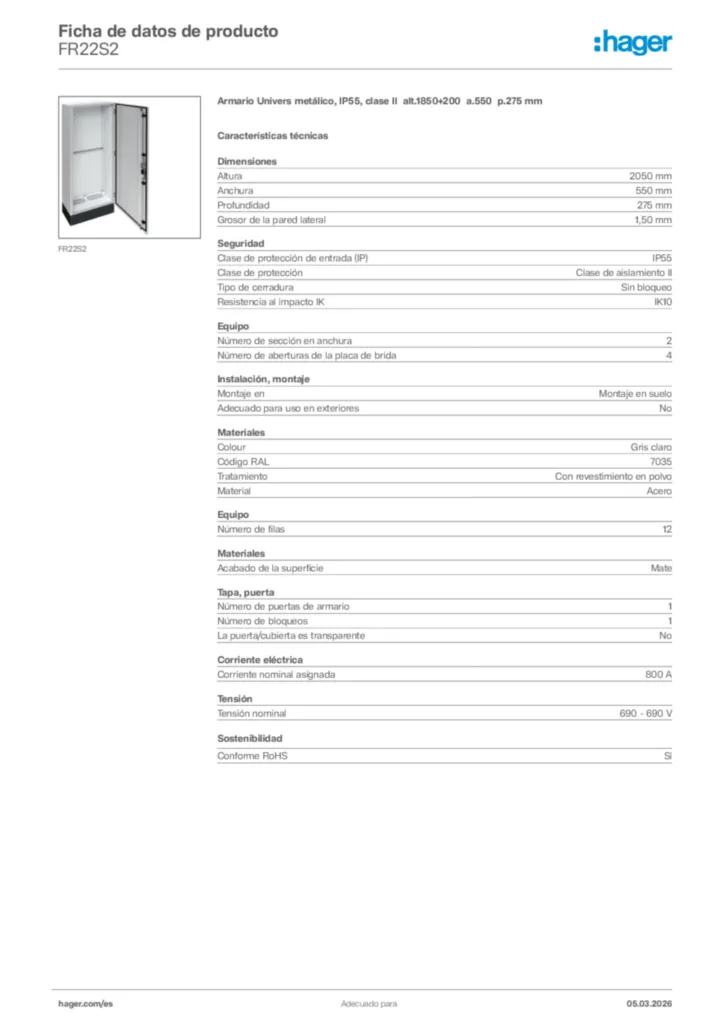 Imagen Hager Ficha de datos de producto FR22S2 | Hager España
