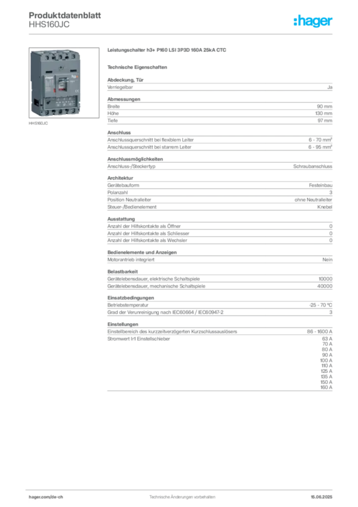 Bild Hager Produktdatenblatt HHS160JC | Hager Schweiz