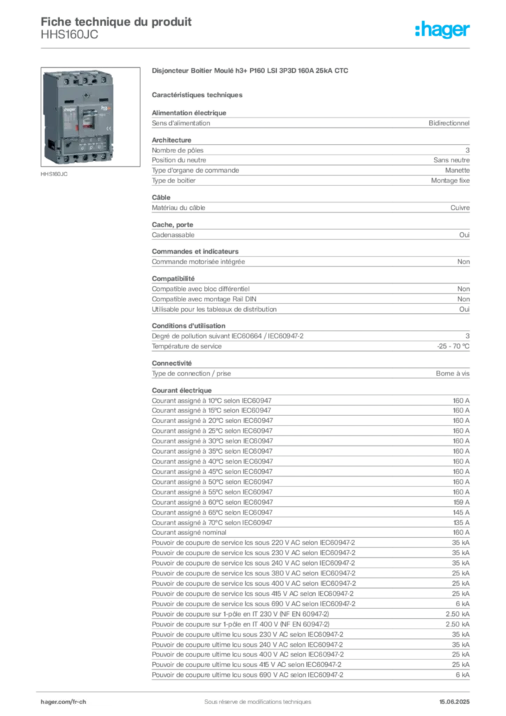Image Hager Fiche technique du produit HHS160JC | Hager Suisse