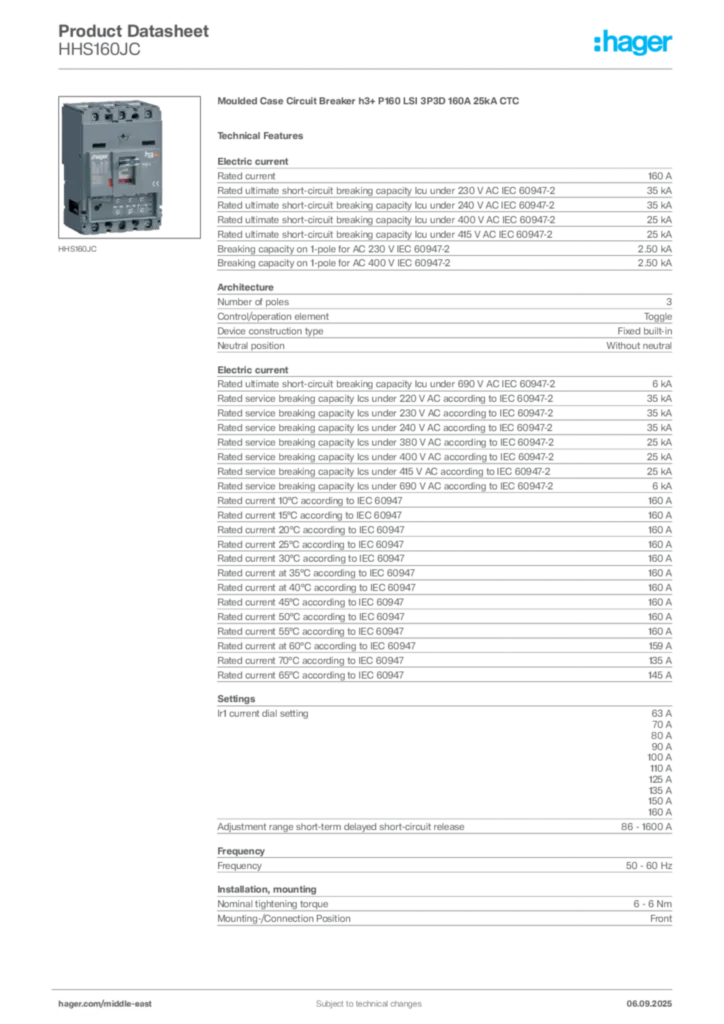 Image Hager Product data sheet HHS160JC  | Hager