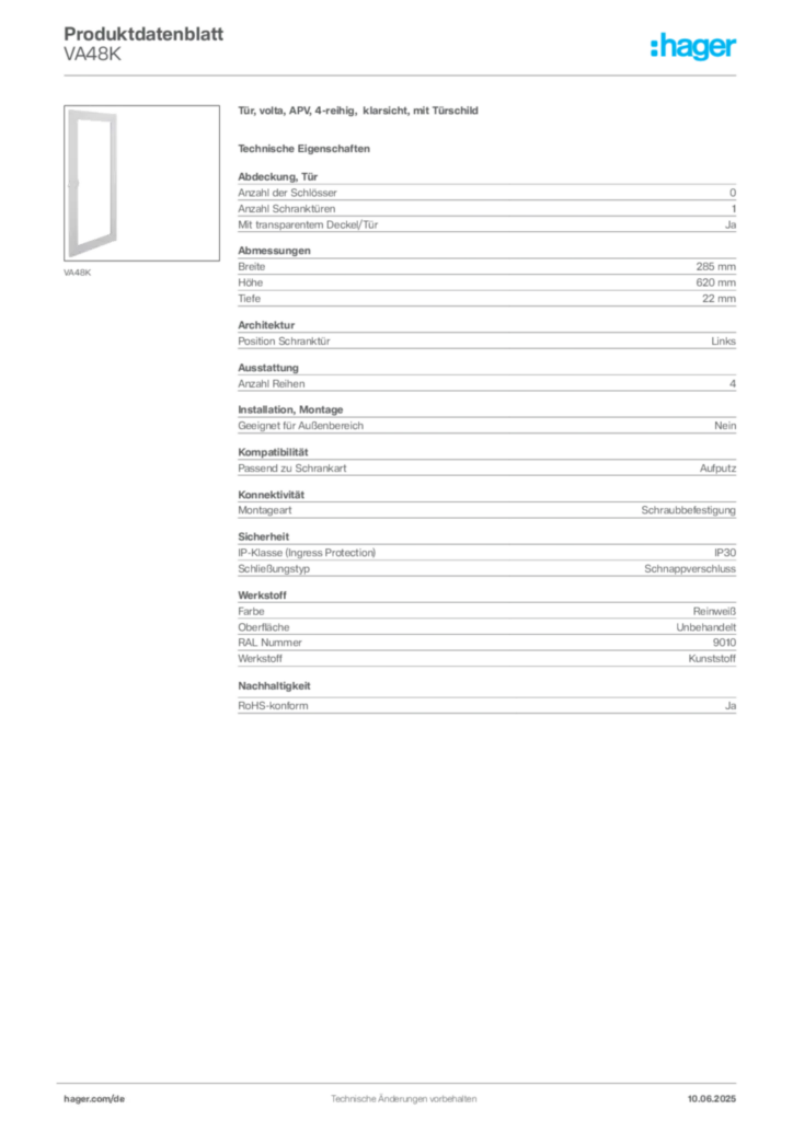 Bild Hager Produktdatenblatt VA48K | Hager Deutschland
