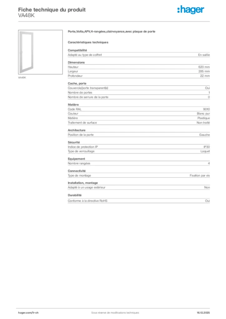 Image Hager Fiche technique du produit VA48K | Hager Suisse