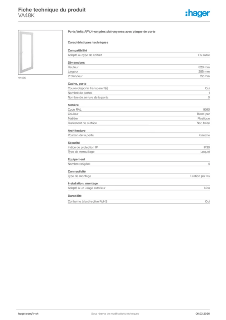 Image Hager Fiche technique du produit VA48K | Hager Suisse