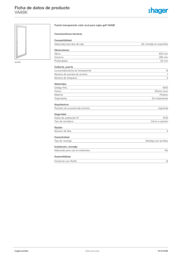 Imagen Hager Ficha de datos de producto VA48K | Hager España