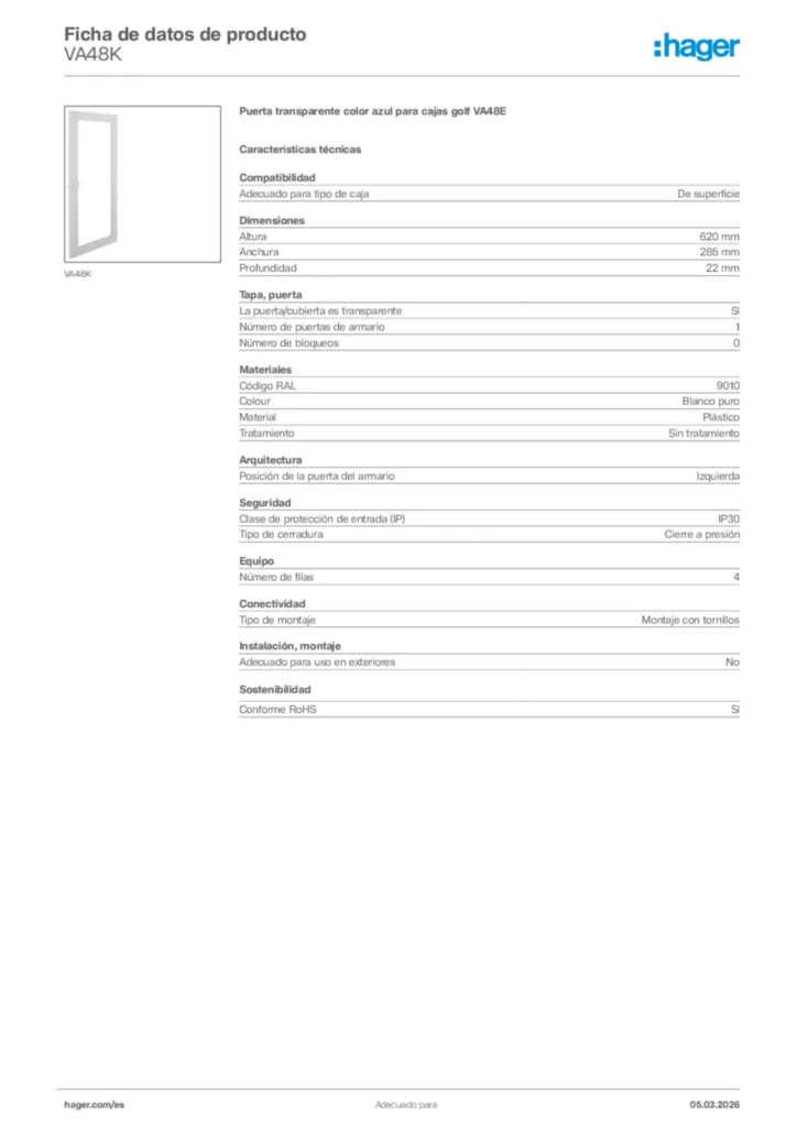 Imagen Hager Ficha de datos de producto VA48K | Hager España