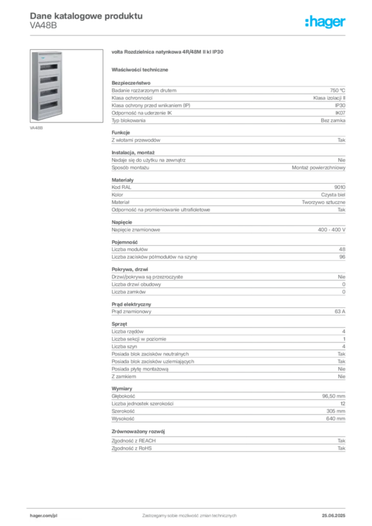 Zdjęcie Hager Karta katalogowa VA48B | Hager Polska