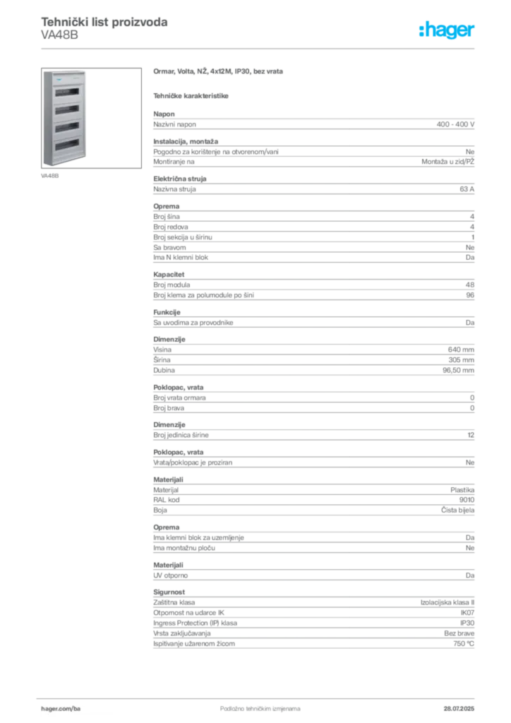 Slika Hager Product data sheet VA48B  | Hager