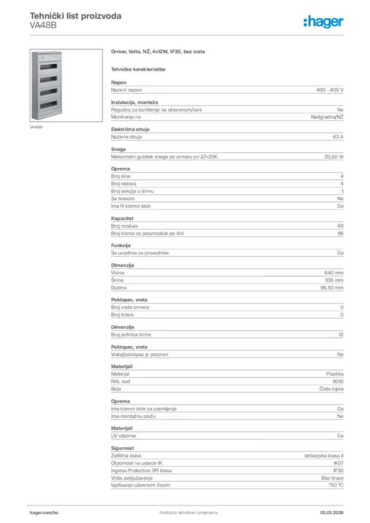 Slika Hager Tehnički list proizvoda VA48B  | Hager