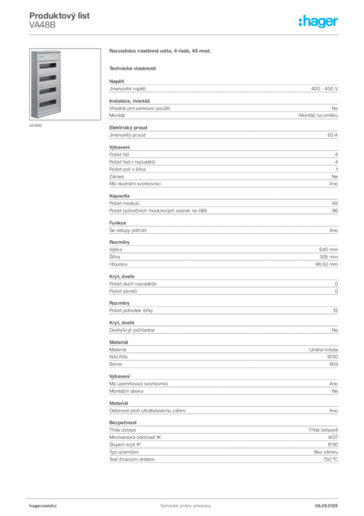 Obrázek Hager Produktový list VA48B | Hager