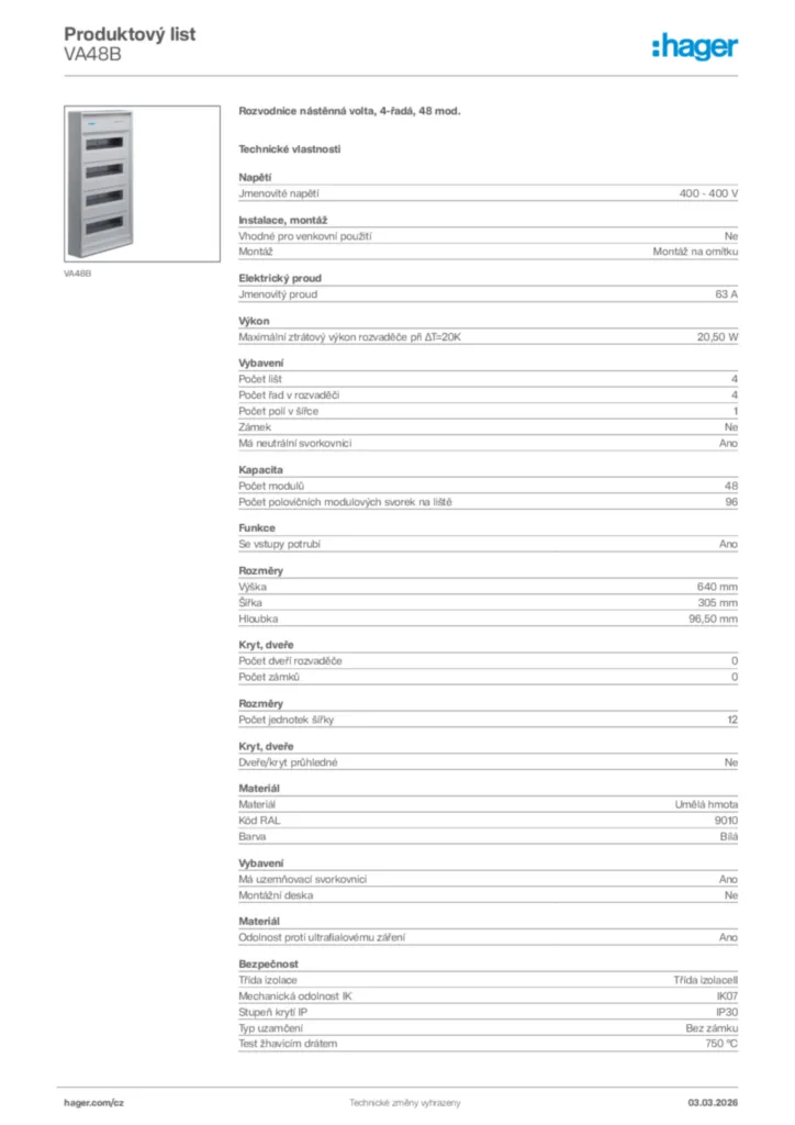 Obrázek Hager Product data sheet VA48B | Hager