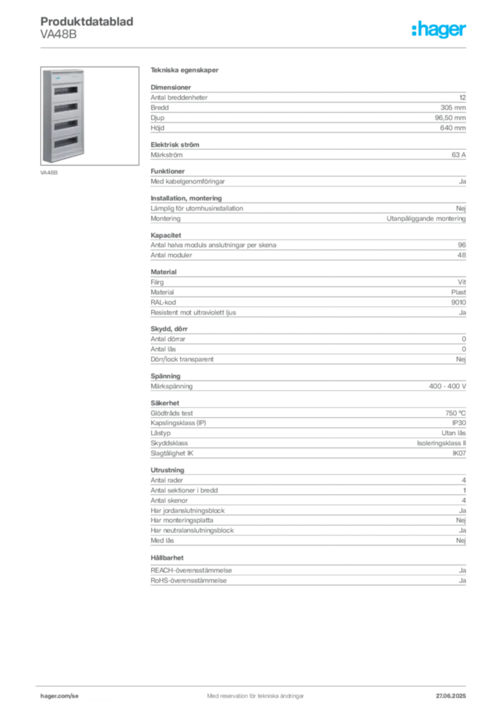 Bild Hager Produktdatablad VA48B | Hager Sverige