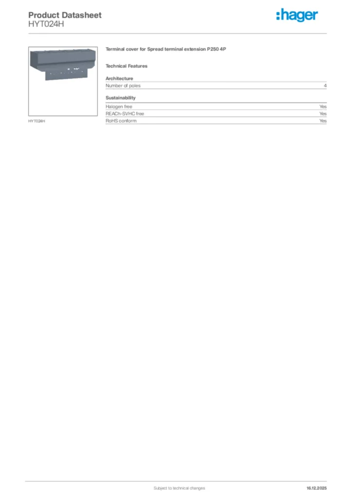 Image Hager Product data sheet HYT024H  | Hager Africa