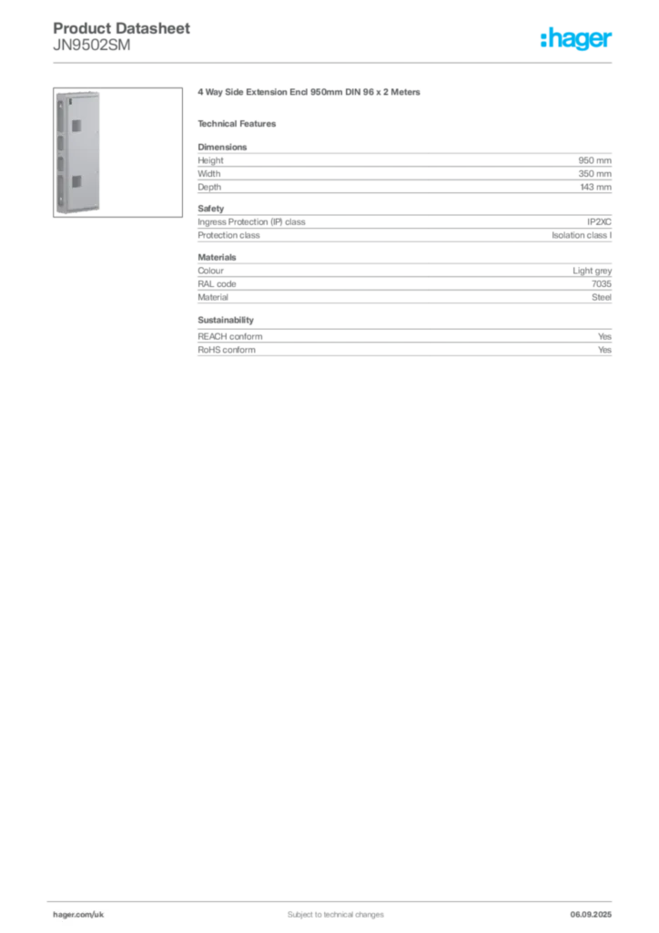 Image Hager Product data sheet JN9502SM  | Hager