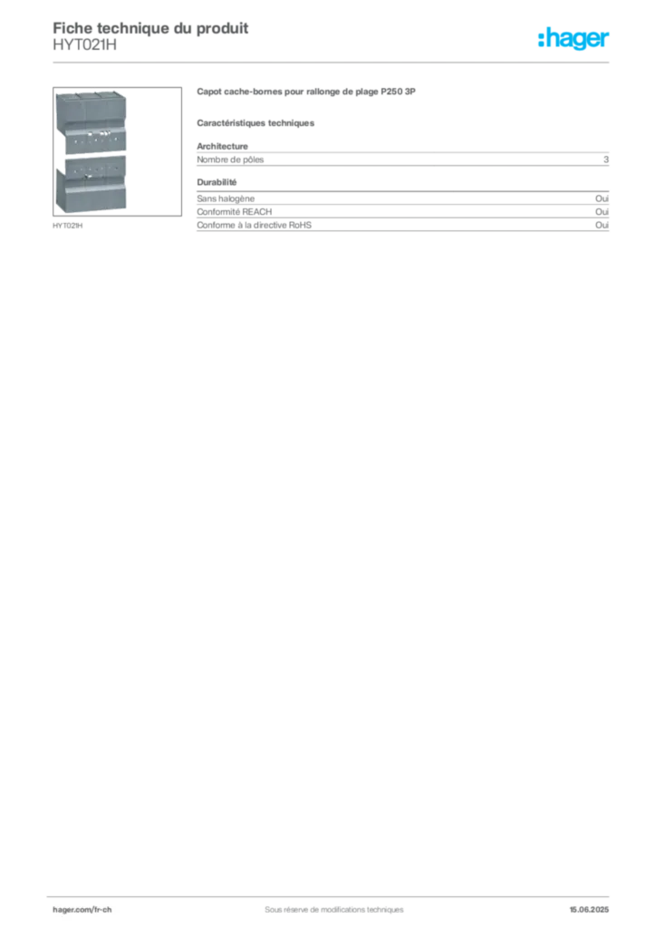 Image Hager Fiche technique du produit HYT021H | Hager Suisse