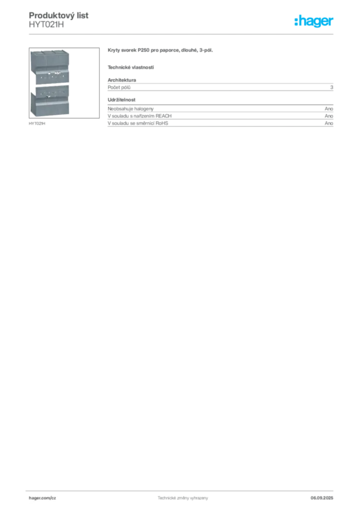 Obrázek Hager Produktový list HYT021H | Hager