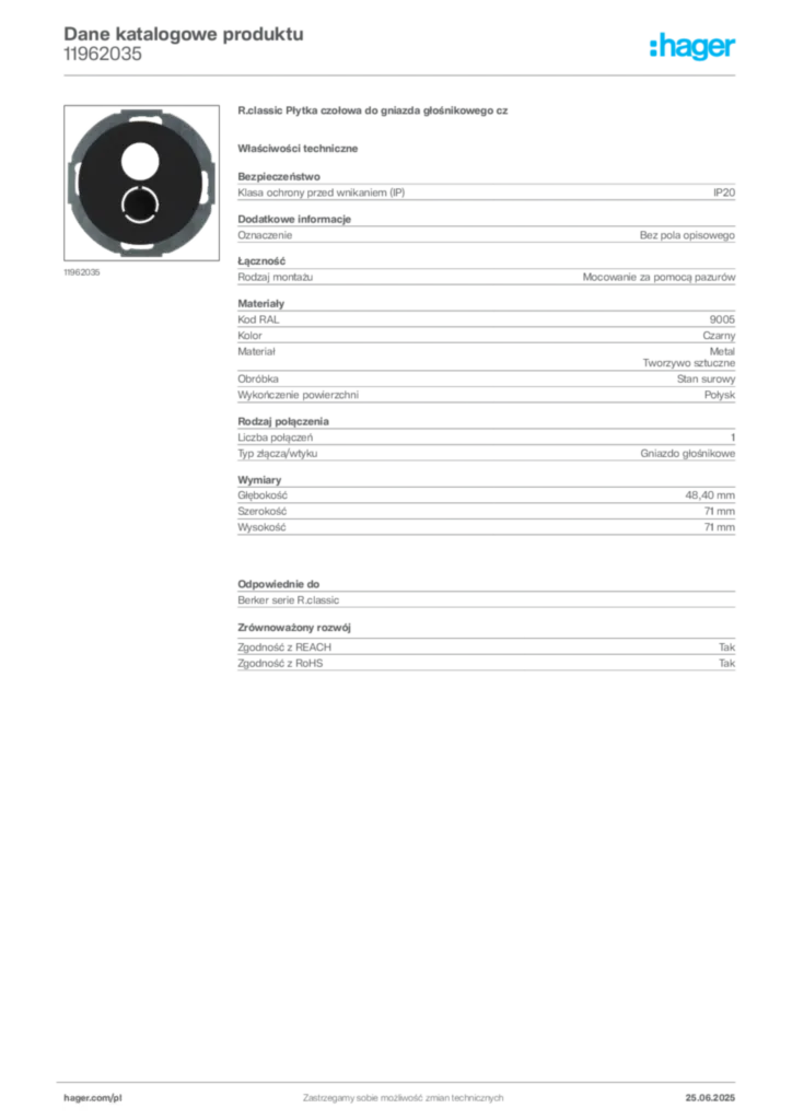 Zdjęcie Hager Karta katalogowa 11962035 | Hager Polska